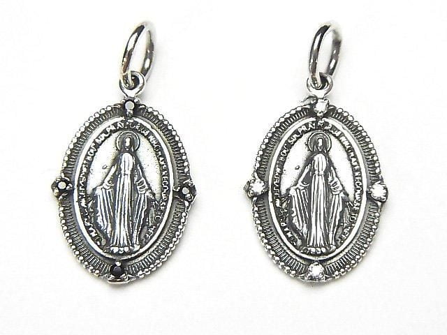 Silver 925 Miraculous Medal Motif Charm with CZ, 18x14mm, 1pc