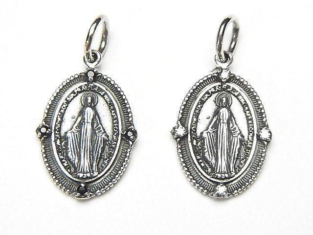 Silver925 Miraculous Medal Motif Charm w/CZ 18x14mm 1pc