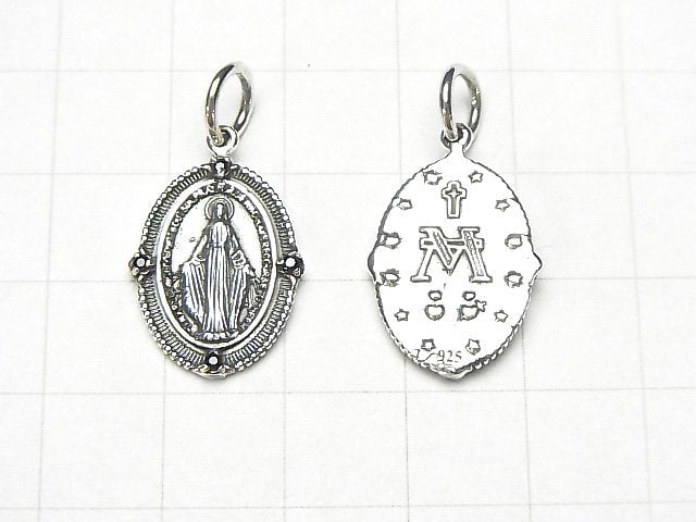 Silver925 Miraculous Medal Motif Charm w/CZ 18x14mm 1pc