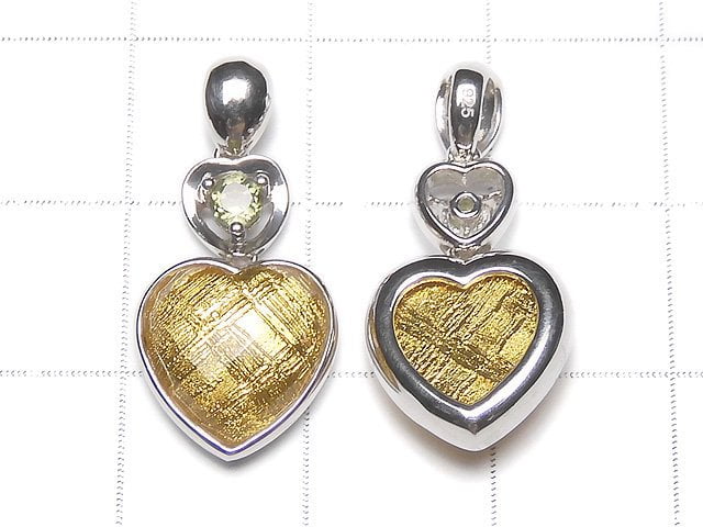 Meteorite & Moldavite 1 stone! Faceted heart pendant 11mm Yellow gold Silver925