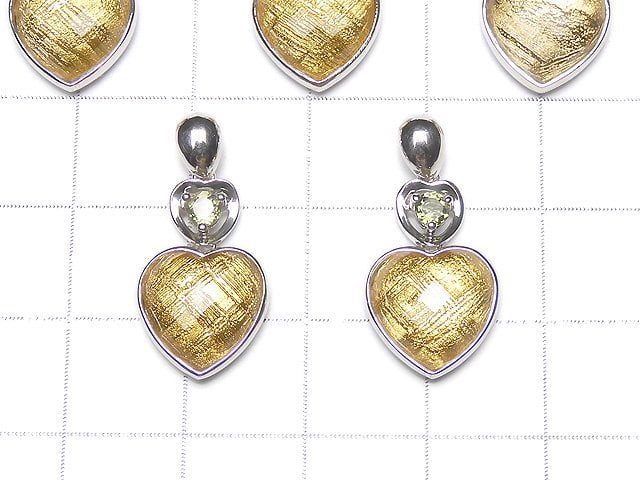 Meteorite & Moldavite 1 stone! Faceted heart pendant 11mm Yellow gold Silver925