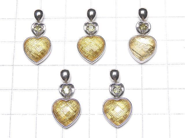 Meteorite & Moldavite 1 stone! Faceted heart pendant 11mm Yellow gold Silver925