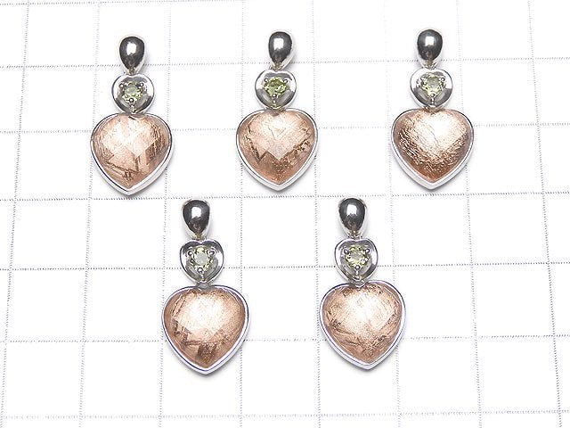 Meteorite & Moldavite 1 stone! Faceted heart pendant 11mm pink gold Silver925