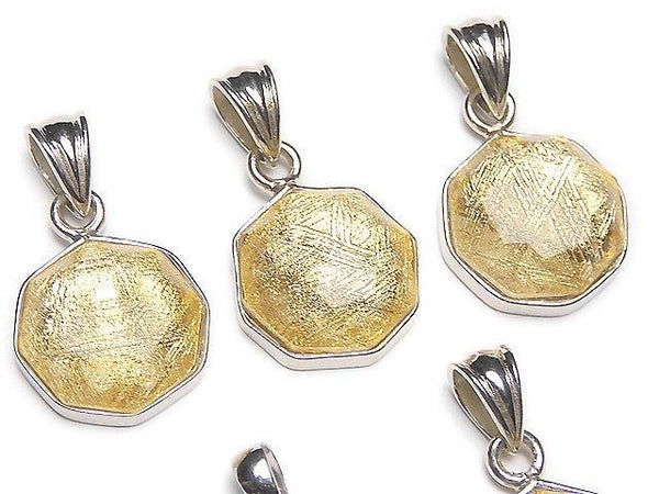 Meteorite (Muonionalusta) Octagonal Pendant, 13x13x5mm, Yellow Gold, Silver925