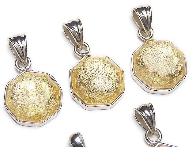 Meteorite (Muonionalusta) Octagonal Pendant, 13x13x5mm, Yellow Gold, Silver925