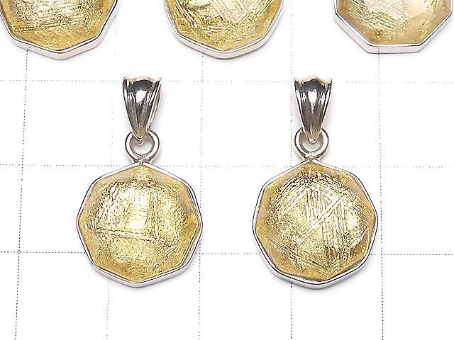 Meteorite (Muonionalusta) octagon Pendant 13 x 13 x 5 mm Yellow Gold  Silver 925