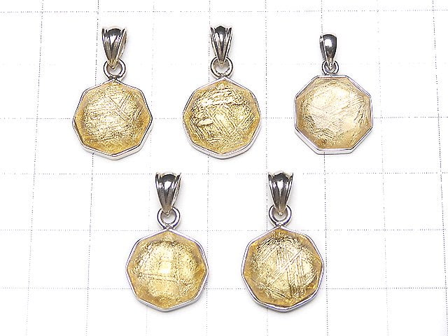 Meteorite (Muonionalusta) Octagonal Pendant, 13x13x5mm, Yellow Gold, Silver925