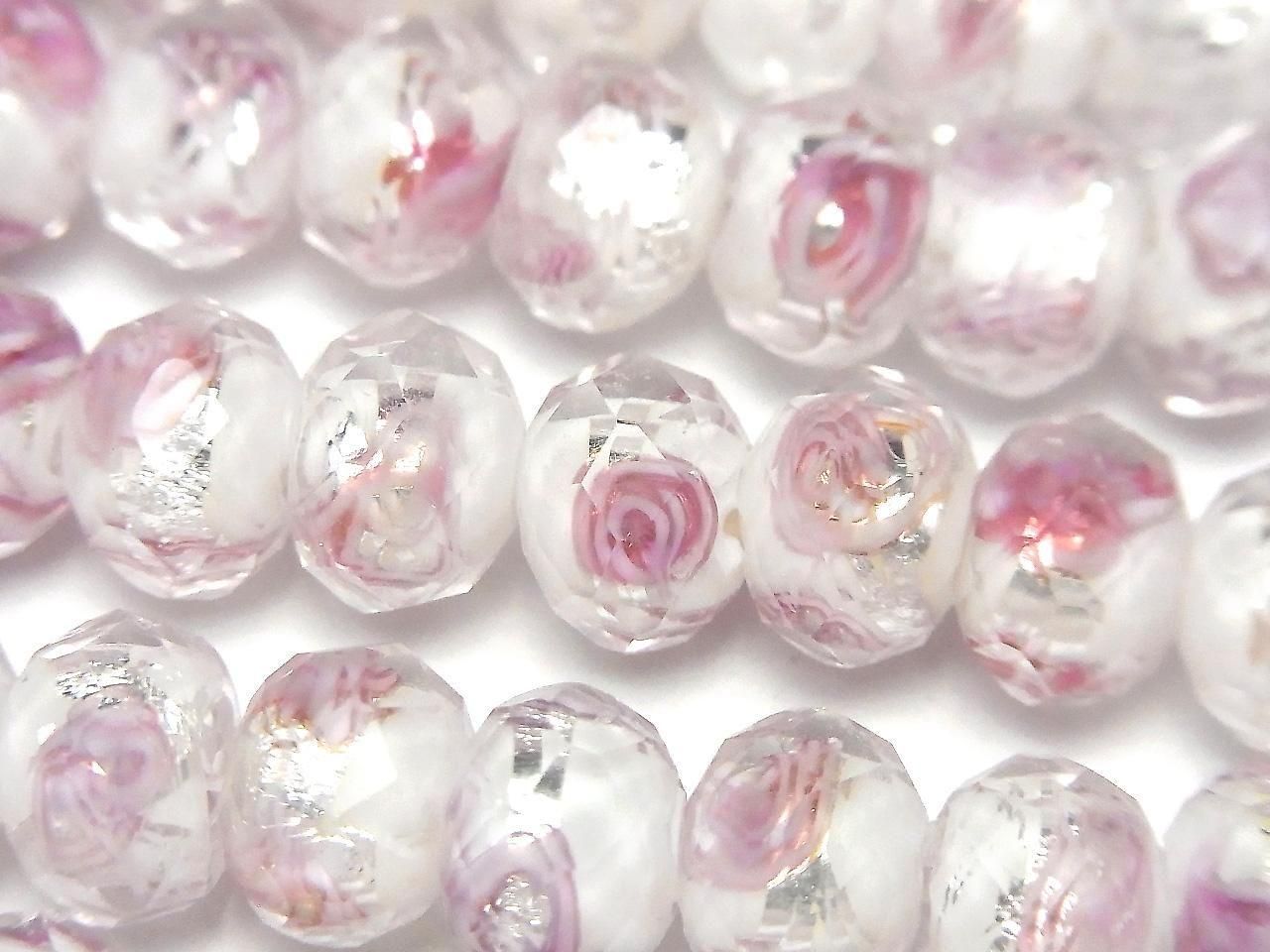 Perles Lampwork facettées bouton rondelle 10x10x7mm motif rose [blanc x argent] demi ou 1 fil (environ 34cm)