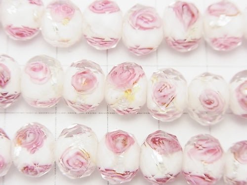 Lampwork Beads Faceted Button Rondelle 10x10x7mm with rose pattern [white x silver] half or 1strand beads (aprx.14inch / 34cm)
