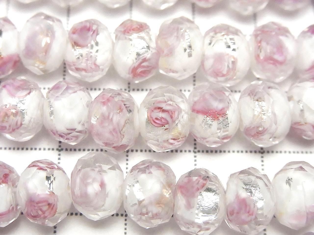 Perles Lampwork facettées bouton rondelle 10x10x7mm motif rose [blanc x argent] demi ou 1 fil (environ 34cm)