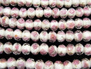 Lampwork Beads Faceted Button Rondelle 10x10x7mm with rose pattern [white x silver] half or 1strand beads (aprx.14inch / 34cm)