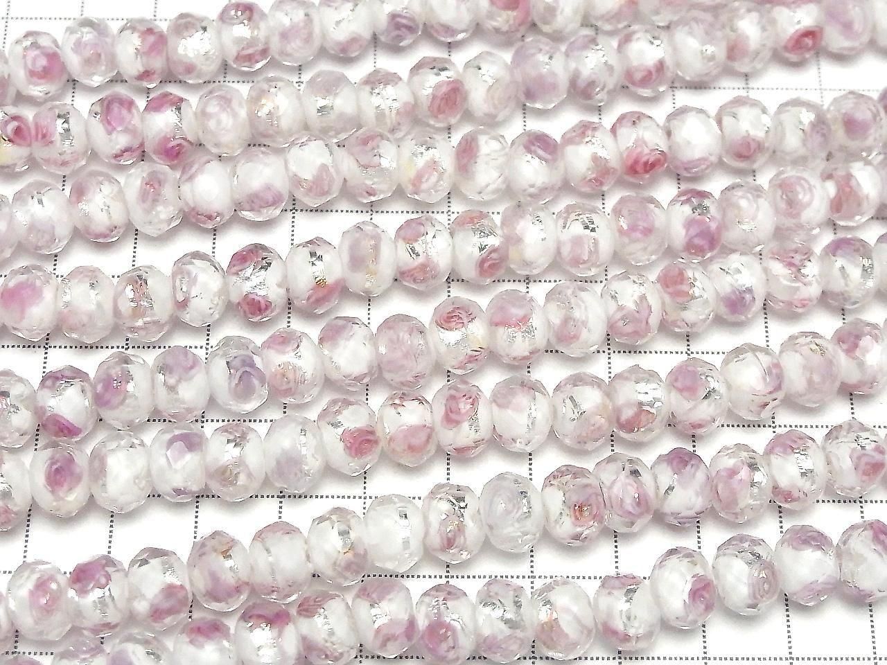 Lampwork Beads Faceted Button Rondelle 10x10mm Rose Pattern [White x Silver] Half or 1-strand beads (approx. 13inch/33cm)