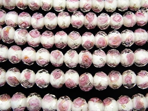 Lampwork Beads Faceted Button Roundel 10x10x7mm with rose pattern [white x silver] half or 1strand beads (aprx.14inch / 34cm)