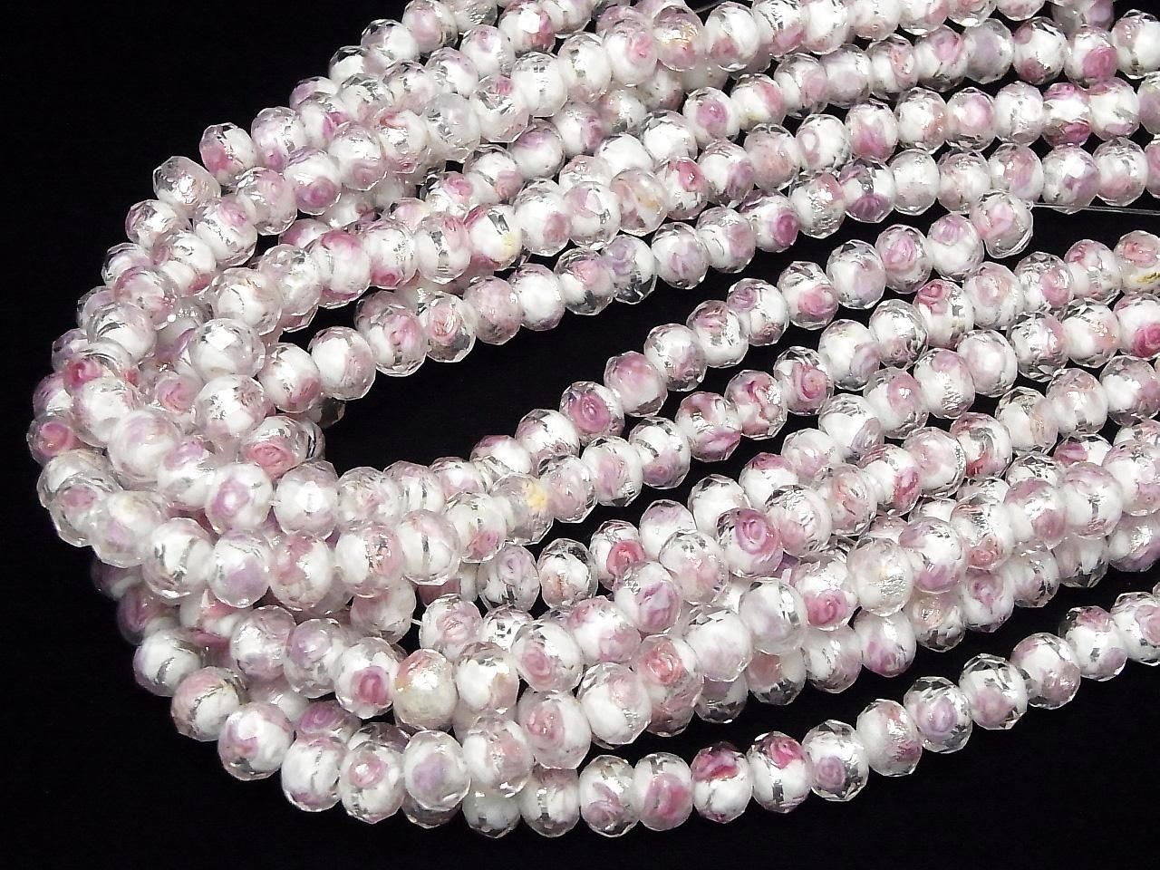 Lampwork Beads Faceted Button Rondelle 10x10mm Rose Pattern [White x Silver] Half or 1-strand beads (approx. 13inch/33cm)