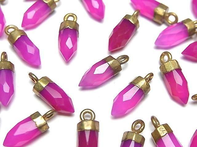 [Video] High Quality Fuchsia Pink Chalcedony AAA-Faceted Point Charm 12x5x5mm Gold Color 2pcs