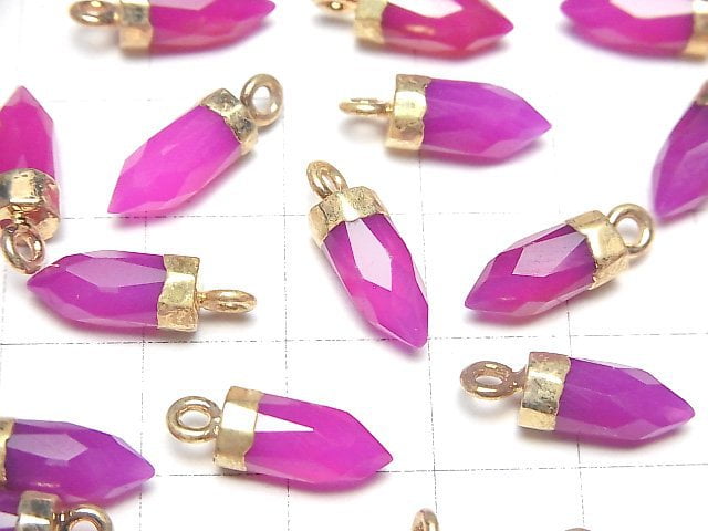 [Video]High Quality Fuchsia Pink Chalcedony AAA- Faceted Point Charm 12x5x5mm Gold Color 2pcs