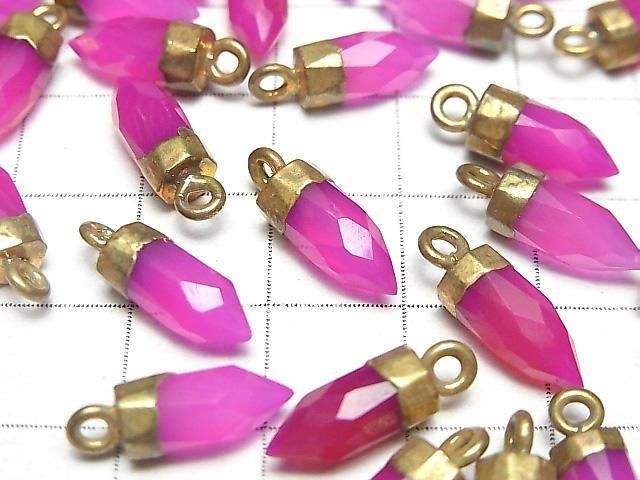 [Video] High Quality Fuchsia Pink Chalcedony AAA-Faceted Point Charm 12x5x5mm Gold Color 2pcs