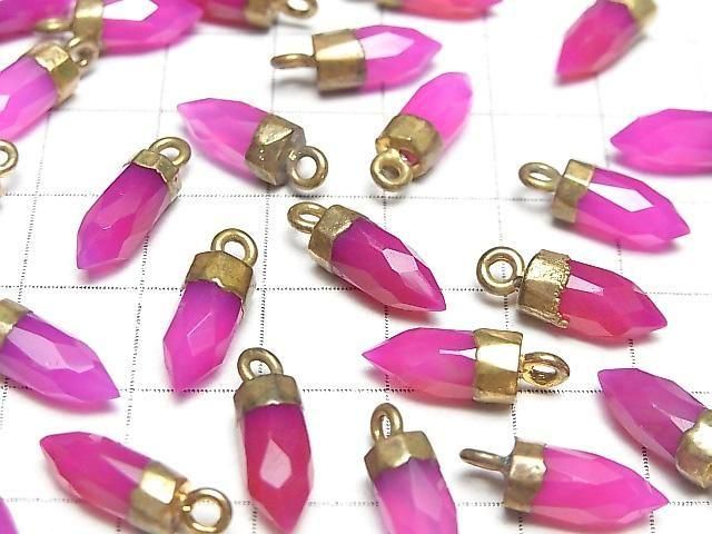 [Video] High Quality Fuchsia Pink Chalcedony AAA-Faceted Point Charm 12x5x5mm Gold Color 2pcs