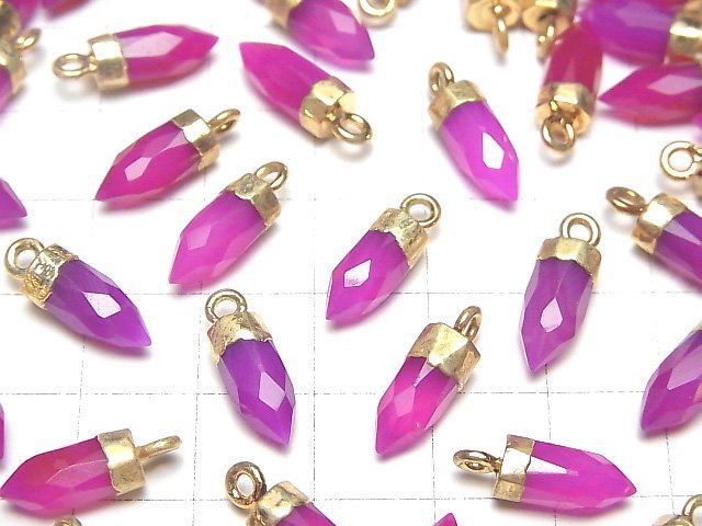 [Video]High Quality Fuchsia Pink Chalcedony AAA- Faceted Point Charm 12x5x5mm Gold Color 2pcs