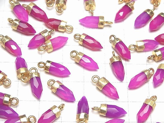 [Video]High Quality Fuchsia Pink Chalcedony AAA- Faceted Point Charm 12x5x5mm Gold Color 2pcs