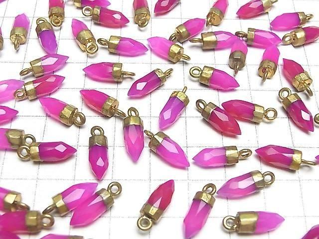 [Video] High Quality Fuchsia Pink Chalcedony AAA-Faceted Point Charm 12x5x5mm Gold Color 2pcs