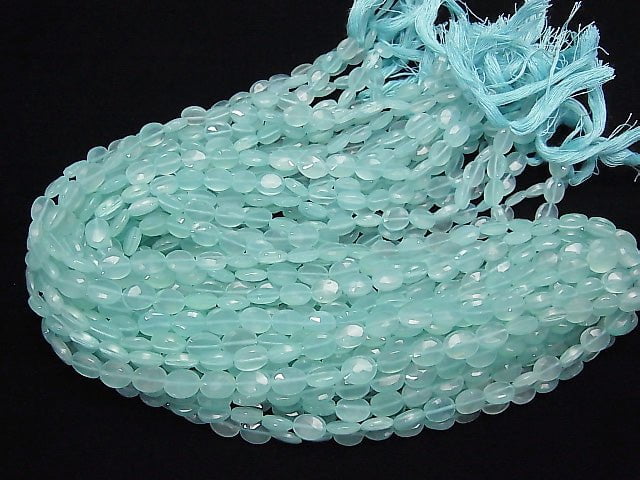 [Video] High Quality Sea Blue Chalcedony AAA Faceted Oval 1strand beads (aprx.13inch / 32cm)