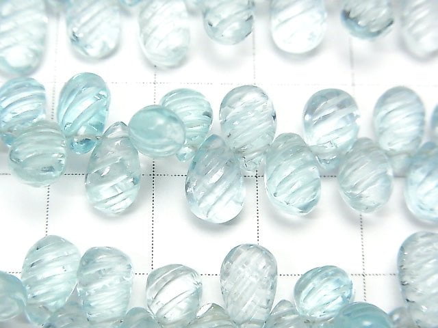 [Video] High Quality Sky Blue Topaz AAA with engraving Pear shape 1/4 or 1strand beads (aprx.6inch / 16 cm)