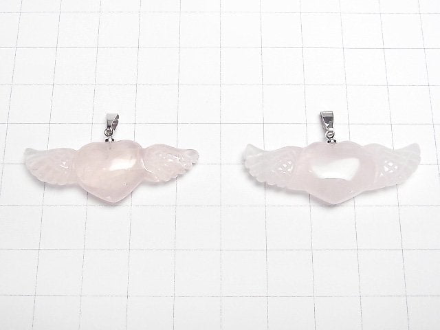 [Video] Rose Quartz AA++ Angel Wing Heart Pendant 40x15mm Silver color 1pc