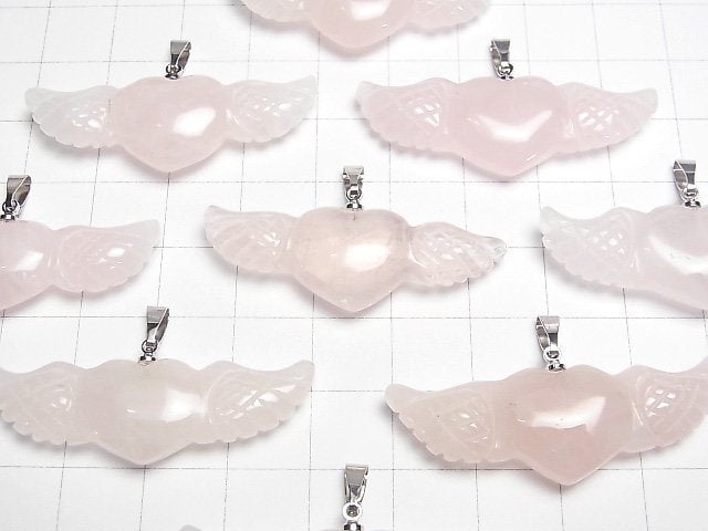 [Video] Rose Quartz AA++ Angel Wing Heart Pendant 40x15mm Silver color 1pc