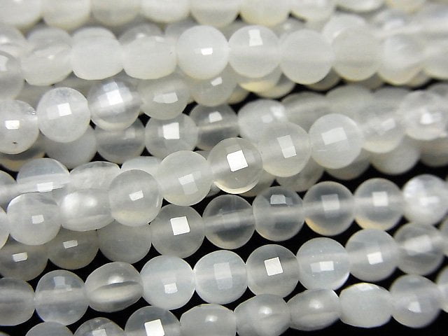 [Video]High Quality! White Moonstone AAA- Faceted Coin 4x4x3mm 1strand beads (aprx.14inch/35cm)