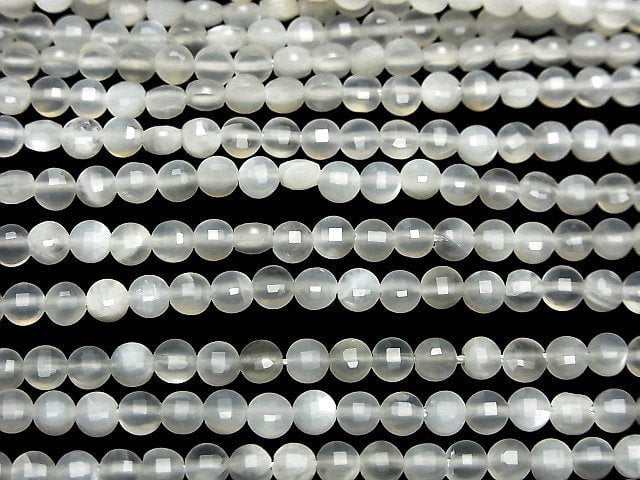 [Video]High Quality! White Moonstone AAA- Faceted Coin 4x4x3mm 1strand beads (aprx.14inch/35cm)