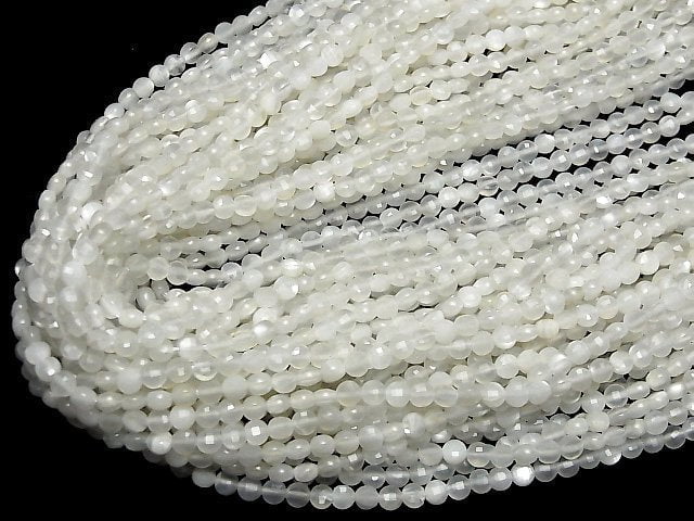 [Video]High Quality! White Moonstone AAA- Faceted Coin 4x4x3mm 1strand beads (aprx.14inch/35cm)