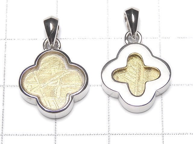 Meteorite (Muonionalusta) Clover Pendant 14 x 14 x 4 mm Yellow Gold Silver 925