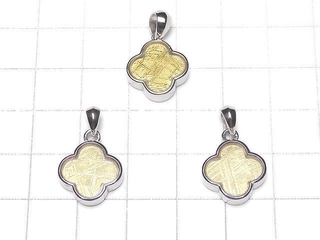 Meteorite (Muonionalusta) Clover Pendant 14 x 14 x 4 mm Yellow Gold Silver 925