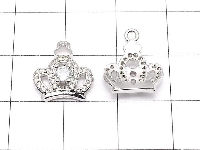 Metal Crown Charm, 14x12x4mm, Silver (with CZ), 2 pieces
