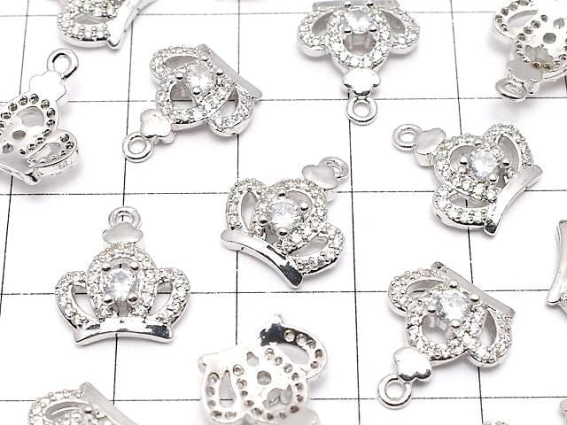 Metal Crown Charm, 14x12x4mm, Silver (with CZ), 2 pieces