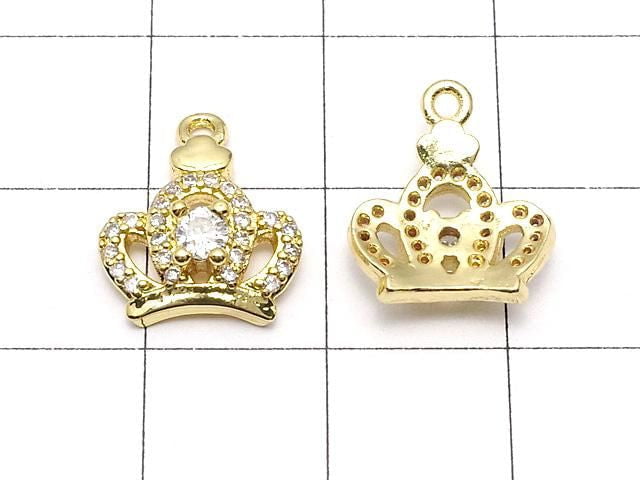 Metal Crown Charm, 14x12x4mm, Gold (with CZ), 2 pieces