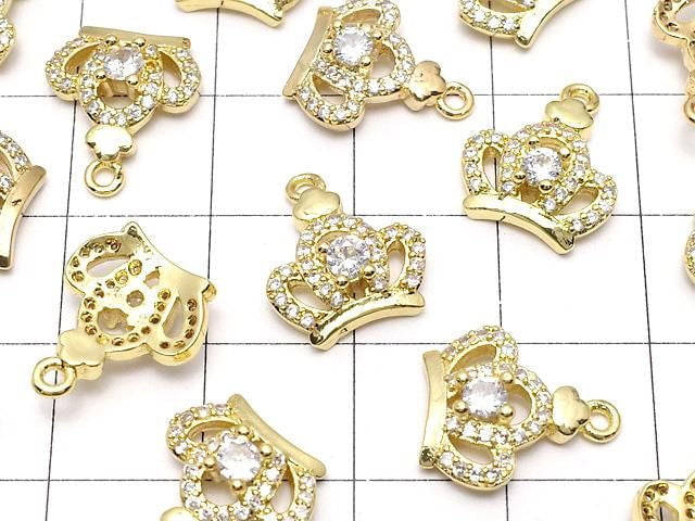 Metal Crown Charm, 14x12x4mm, Gold (with CZ), 2 pieces