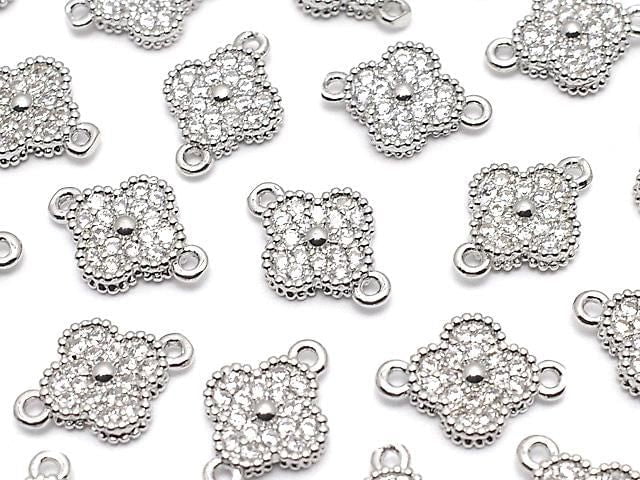 Metal Parts flower motif joint parts, 7x7x2mm, silver color (with cubic zirconia), 5 pieces.