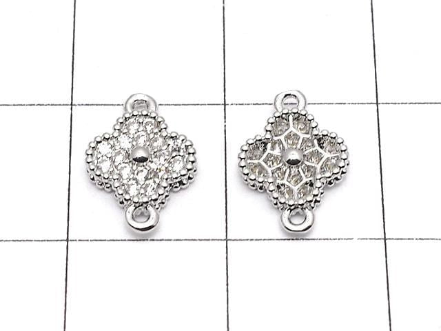 Metal Parts flower motif joint parts, 7x7x2mm, silver color (with cubic zirconia), 5 pieces.
