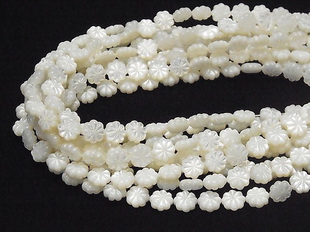 High Quality White Shell (Silver-lip Oyster)AAA Flower (Both Side Finish)10x10x3mm 1/4 or 1strand beads (aprx.15inch/36cm)