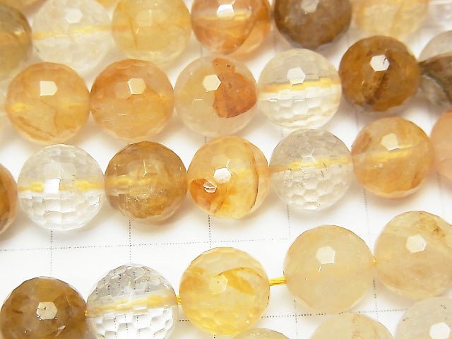 Yellow Hematite Quartz 128 Faceted Round 10 mm half or 1 strand beads (aprx.15 inch / 36 cm)