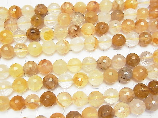 Yellow Hematite Quartz 128 Faceted Round 10 mm half or 1 strand beads (aprx.15 inch / 36 cm)