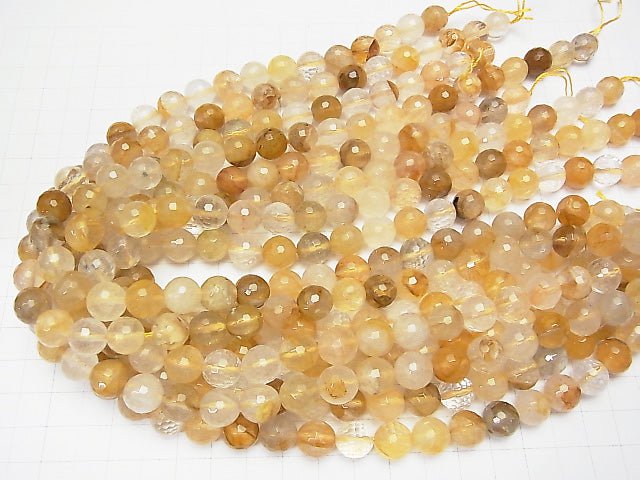 Yellow Hematite Quartz 128 Faceted Round 10 mm half or 1 strand beads (aprx.15 inch / 36 cm)