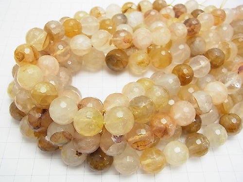 Yellow Hematite Quartz 128 Faceted Round 14 mm half or 1 strand beads (aprx. 14 inch / 35 cm)