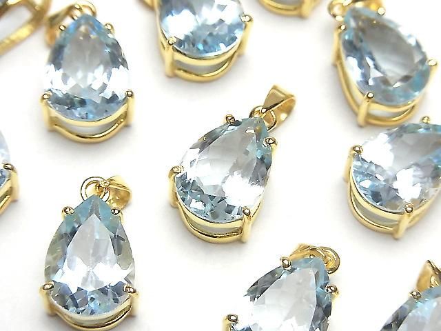 [Video]High Quality Sky Blue Topaz AAA Pear Shape Faceted Pendant 14x10mm 18KGP