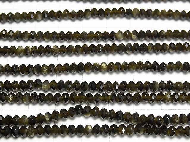 [Video] High Quality! Golden Sheen Obsidian AAA Faceted Button Roundel 4 x 4 x 3 mm 1 strand beads (aprx.15 inch / 37 cm)