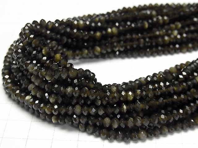 [Video] High Quality! Golden Sheen Obsidian AAA Faceted Button Roundel 4 x 4 x 3 mm 1 strand beads (aprx.15 inch / 37 cm)