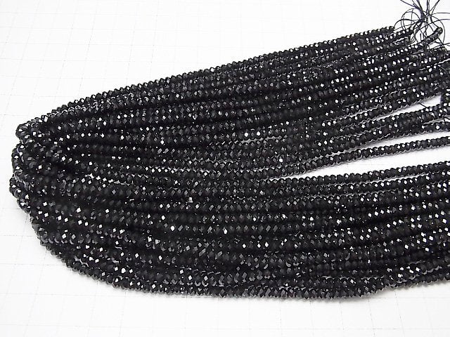 [Video] High Quality! Black Spinel AAA Faceted Button Rondelle 4 x 4 x 2.5 mm 1strand beads (aprx.15 inch / 37 cm)