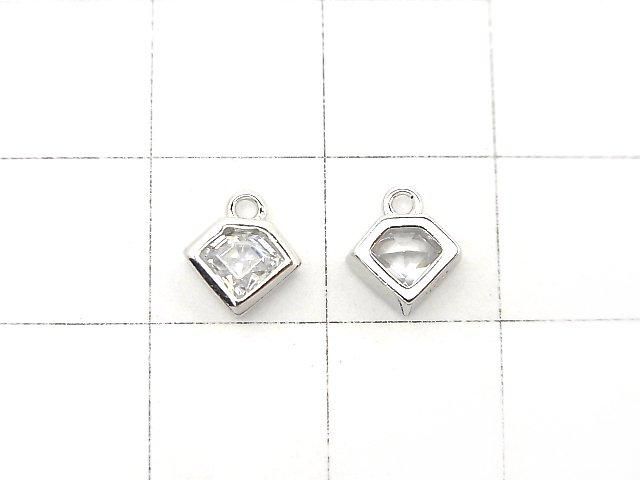 Silver 925 Diamond Motif 8x7x2.5mm Charm (with CZ) [Rhodium Plated] 1pc